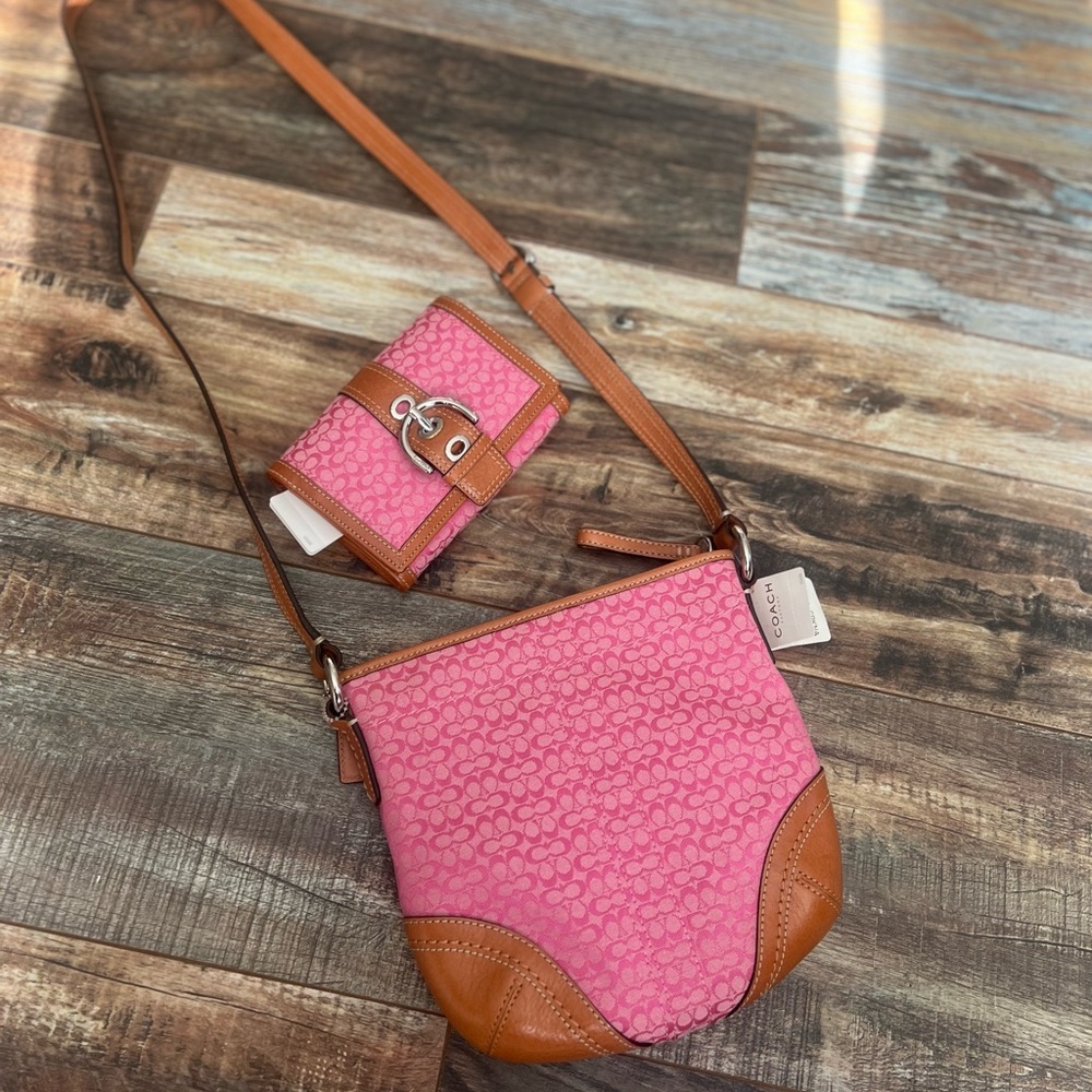 NWT Pink/Brown/Silver Coach Crossbody and Matching Trifold Wallet